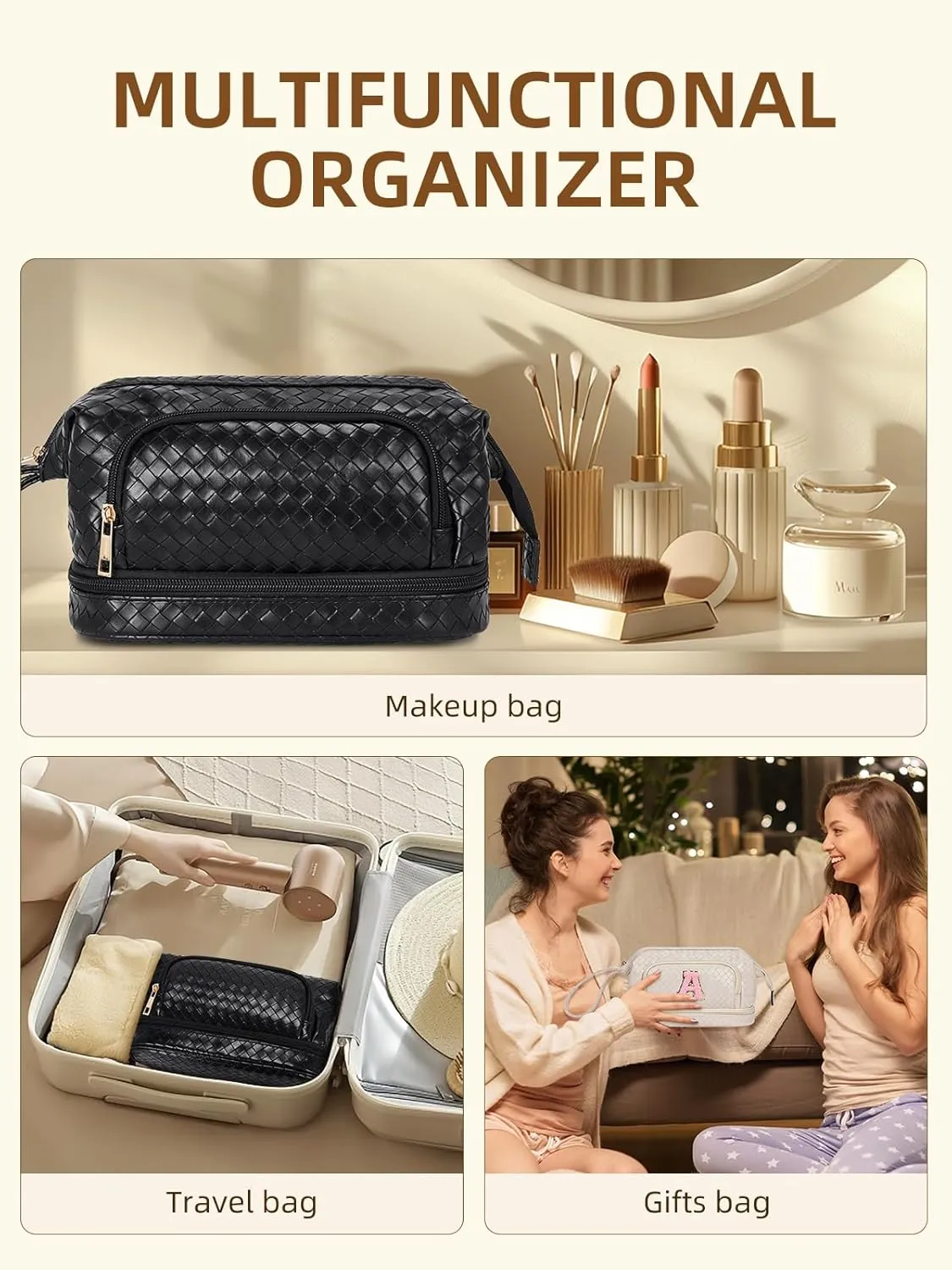 Telena Makeup Bag Large Capacity Travel Cosmetic Bags Double Layer Portable Leather Make Up Bag for Women (Black - Woven)