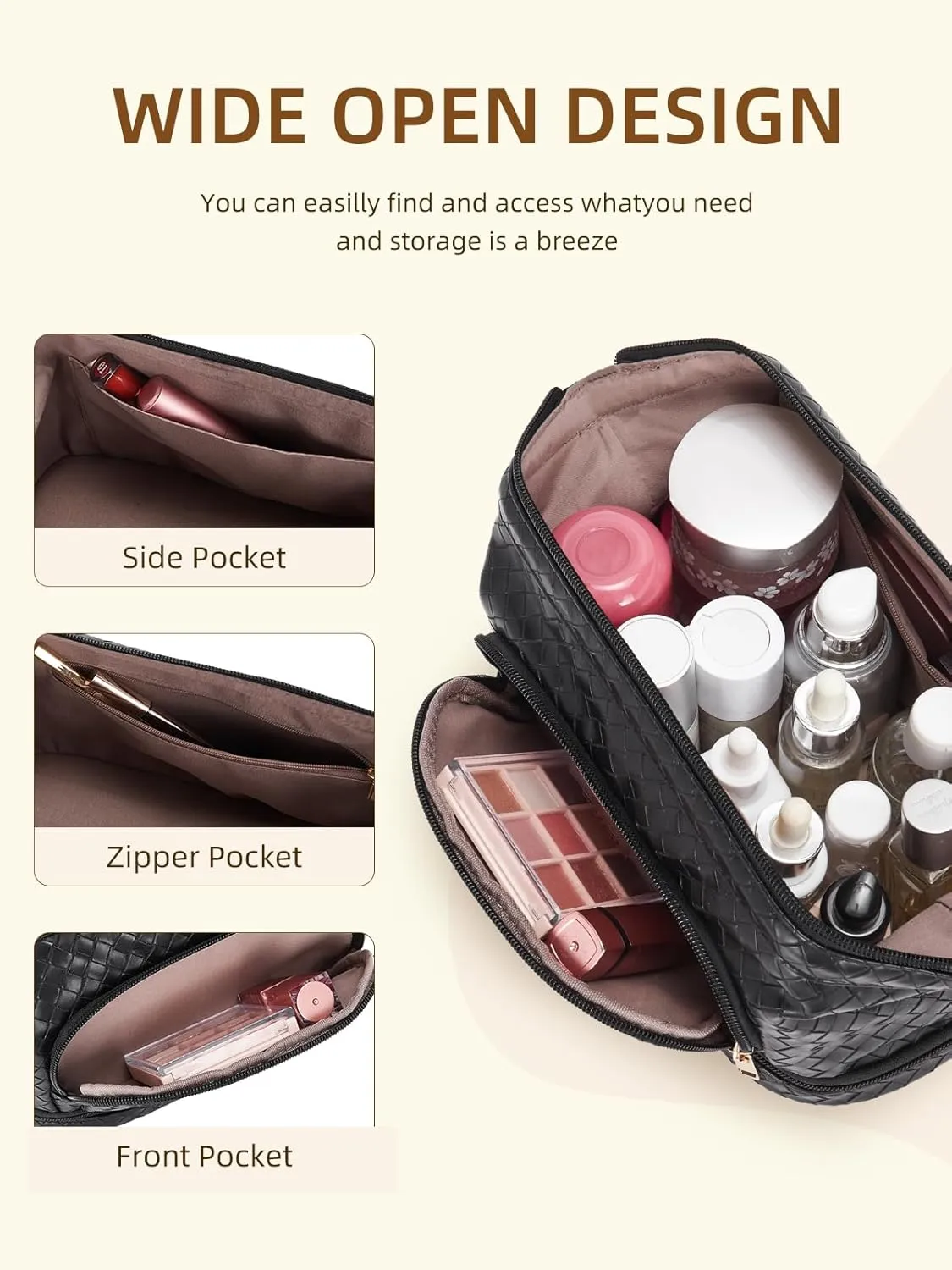 Telena Makeup Bag Large Capacity Travel Cosmetic Bags Double Layer Portable Leather Make Up Bag for Women (Black - Woven)