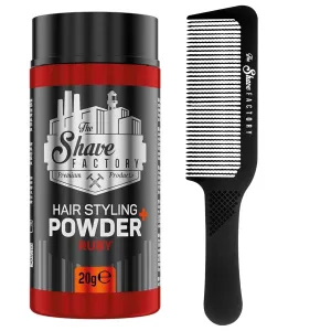 the shave factory Hair Styling Powder - Mattifying and Volumizing Powder, with comb types suitable for all areas of use, hair comb and powder wax (Comb 045 & Ruby Styling Powder 20gr)