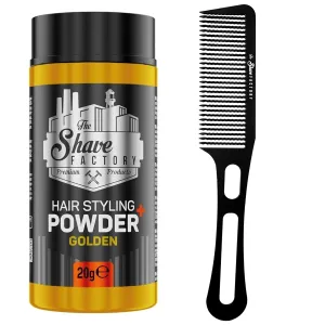 the shave factory Hair Styling Powder - Mattifying and Volumizing Powder, with comb types suitable for all areas of use, hair comb and powder wax (Comb 050 & Golden Styling Powder 20gr)