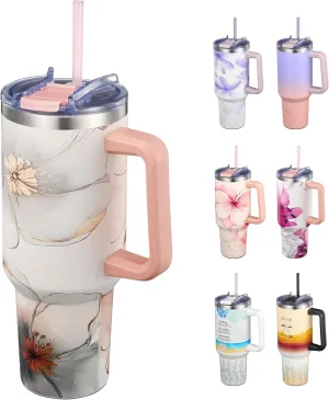 THILY 40 oz Stainless Steel Tumbler with Handle - Vacuum Insulated Travel Cup, Splash-Proof & Leakproof Lid, 2 Straws & Brush | Keeps Cold 34H/Hot 12H, Cupholder Friendly, Golden Bloom Whispers