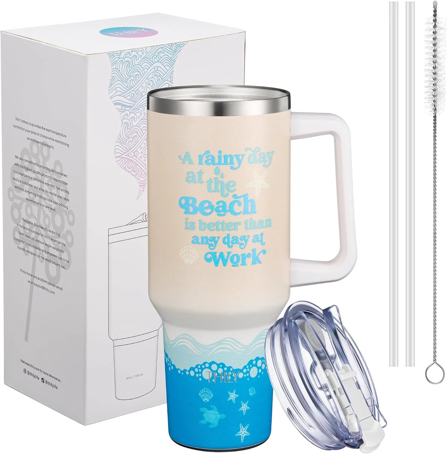 THILY 40 oz Stainless Steel Tumbler with Handle - Vacuum Insulated Travel Cup, Splash-Proof Lid, 2 Straws & Brush | Keeps Drinks Cold 34H/Hot 12H, Cupholder Friendly - Beach