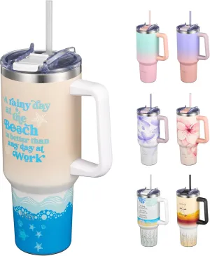 THILY 40 oz Stainless Steel Tumbler with Handle - Vacuum Insulated Travel Cup, Splash-Proof Lid, 2 Straws & Brush | Keeps Drinks Cold 34H/Hot 12H, Cupholder Friendly - Beach