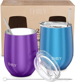 THILY Stainless Steel Stemless Wine Tumbler 12 oz Vacuum Insulated Travel Wine Glasses Set with Sliding Lid, Metal Straw, House Warming Present, 2 Pack(Purple   Blue)