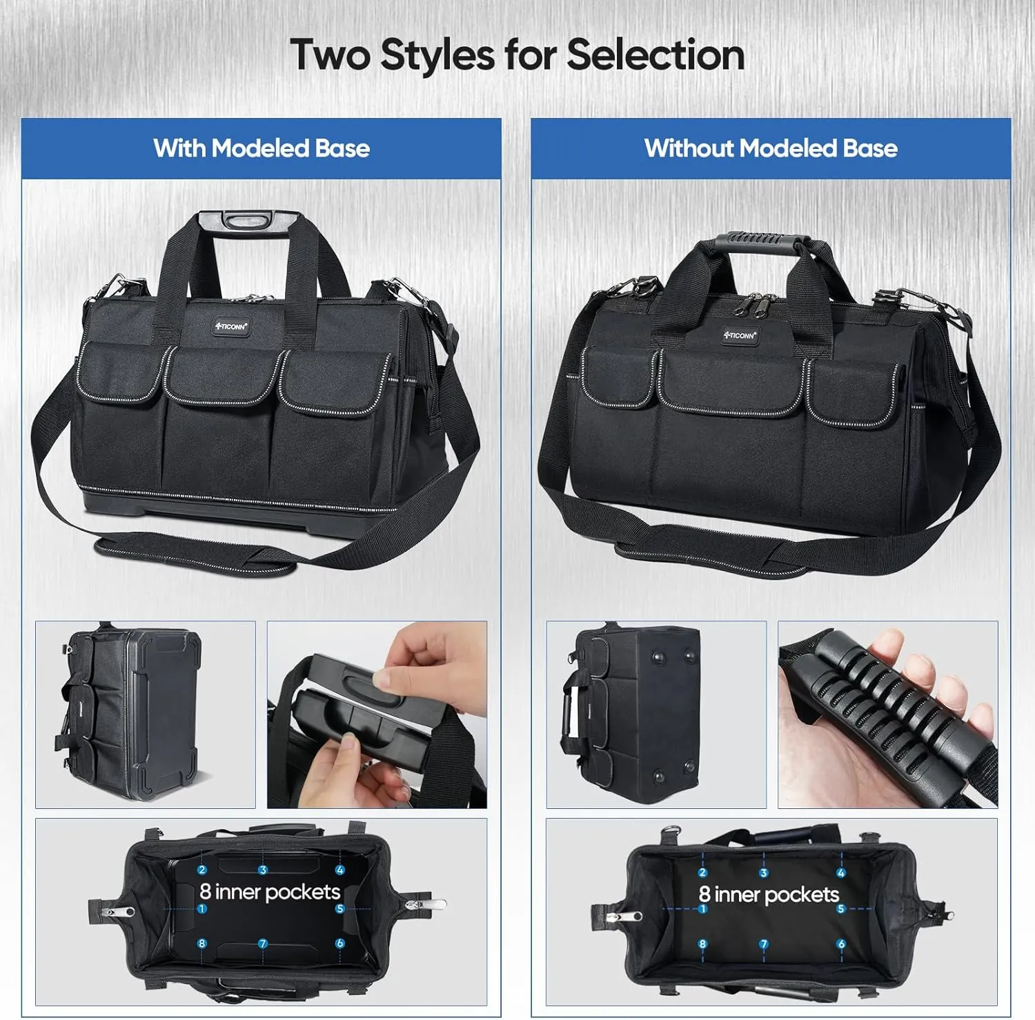 TICONN Heavy Duty Tool Bag with Multi-Pockets, Portable Tool Box Organizer Storage Bag, with Adjustable Shoulder Strap and Ergonomic Handle (Black, 14" Standard Base)