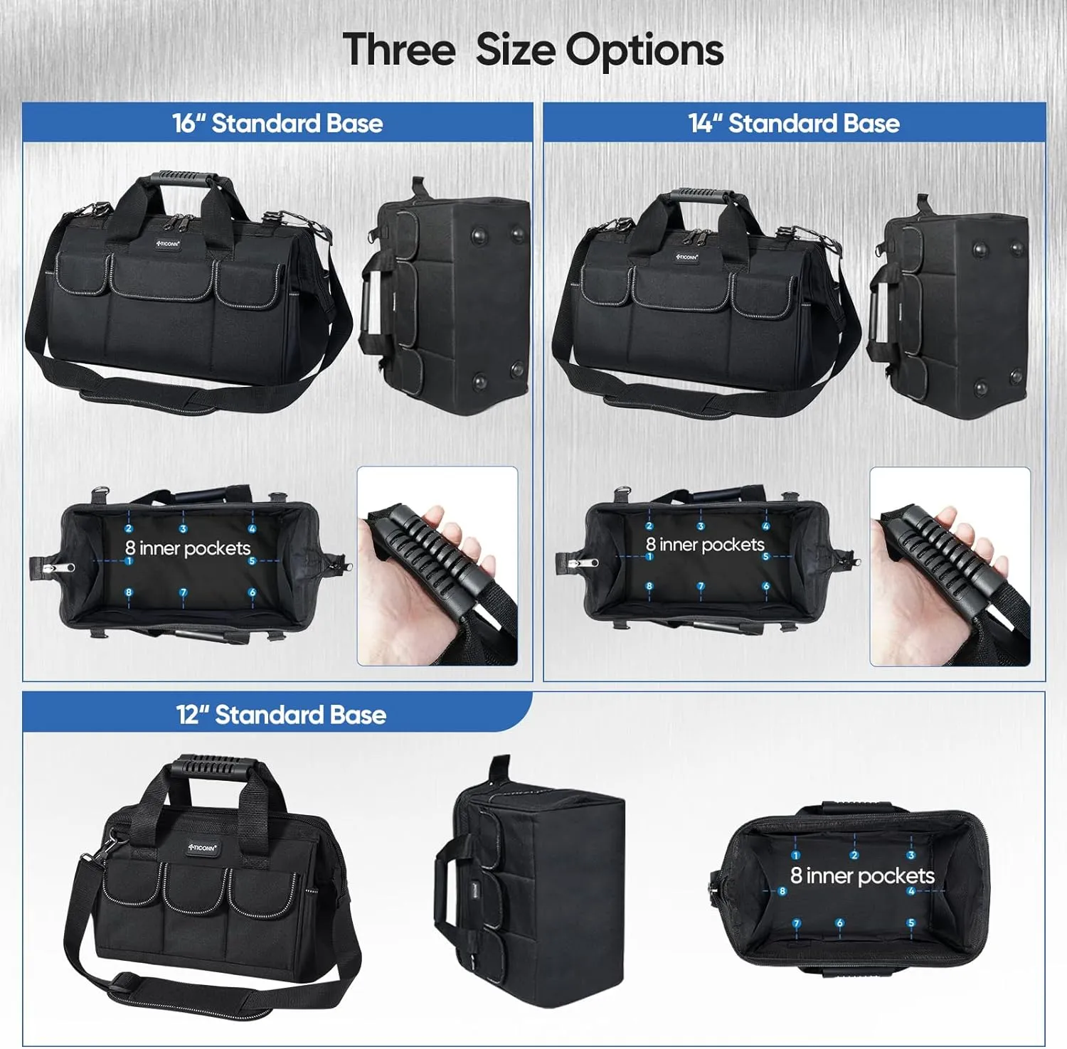 TICONN Heavy Duty Tool Bag with Multi-Pockets, Portable Tool Box Organizer Storage Bag, with Adjustable Shoulder Strap and Ergonomic Handle (Black, 14" Standard Base)