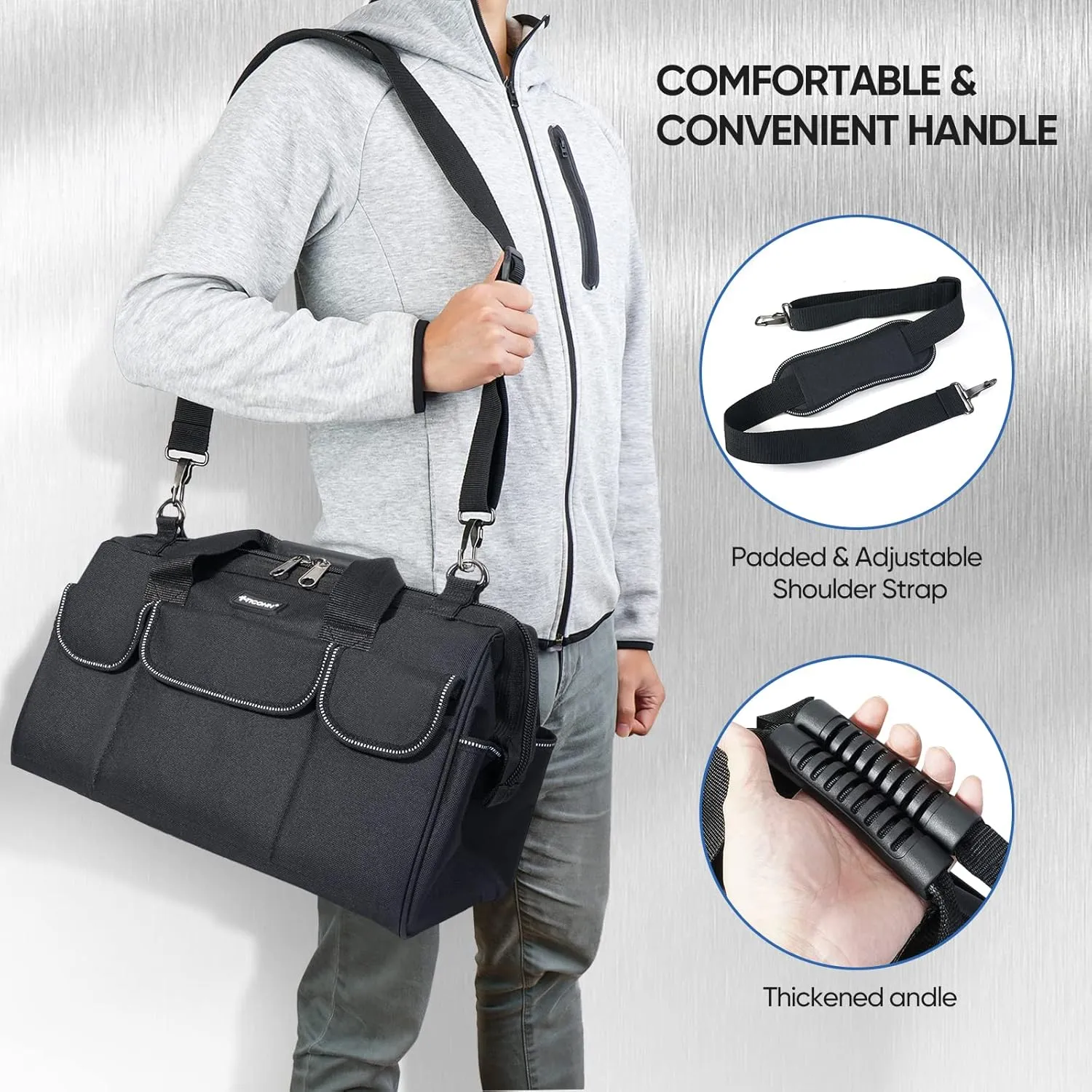 TICONN Heavy Duty Tool Bag with Multi-Pockets, Portable Tool Box Organizer Storage Bag, with Adjustable Shoulder Strap and Ergonomic Handle (Black, 14" Standard Base)