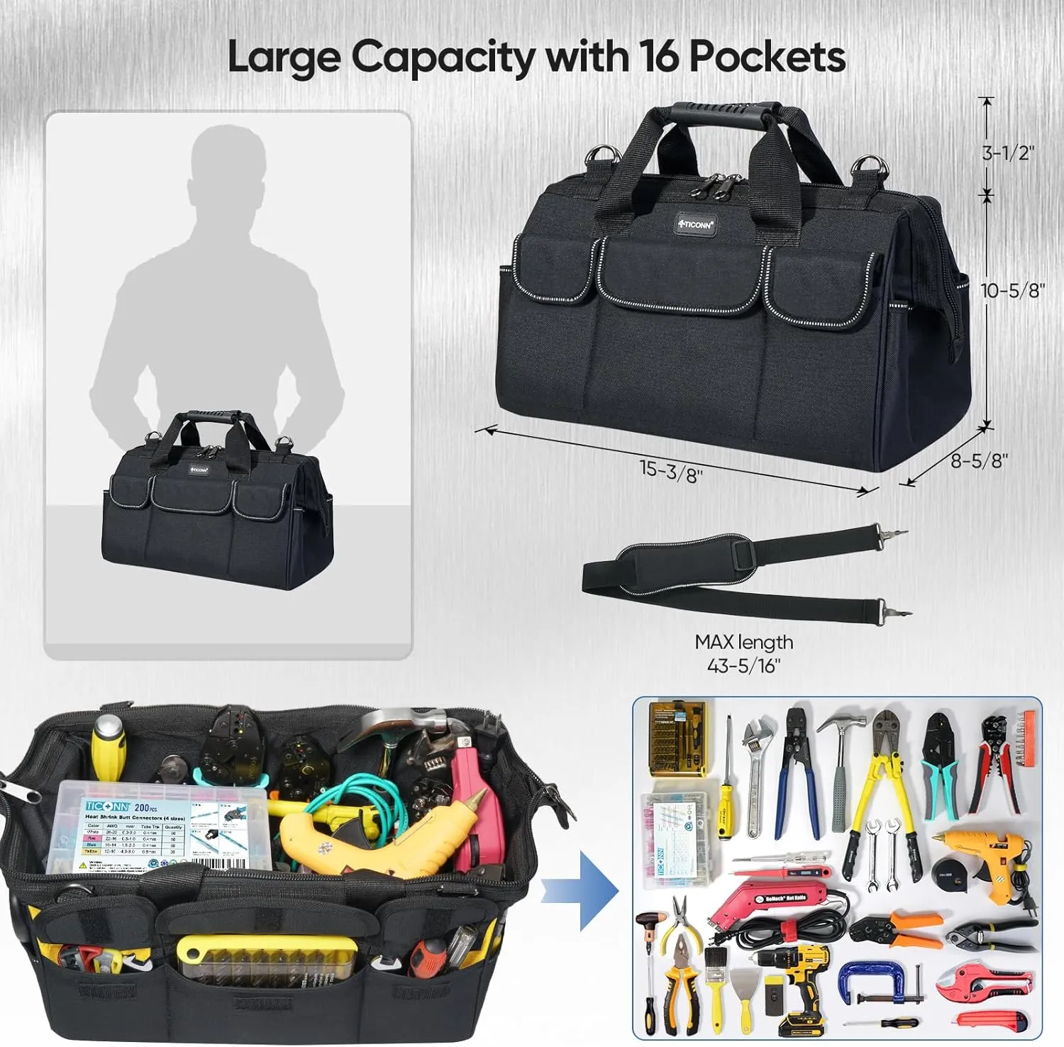 TICONN Heavy Duty Tool Bag with Multi-Pockets, Portable Tool Box Organizer Storage Bag, with Adjustable Shoulder Strap and Ergonomic Handle (Black, 14" Standard Base)