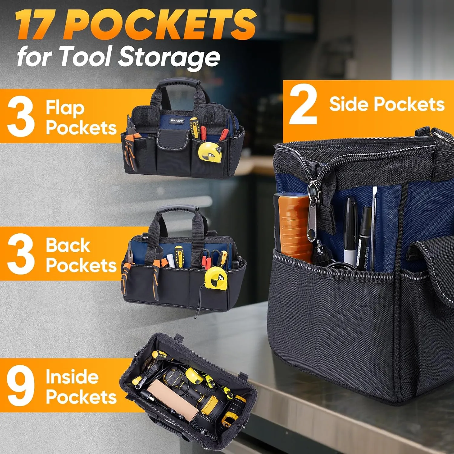 TICONN Heavy Duty Tool Bag with Multi-Pockets, Portable Tool Box Organizer Storage Bag, with Adjustable Shoulder Strap and Ergonomic Handle (Blue, 14" Standard Base)