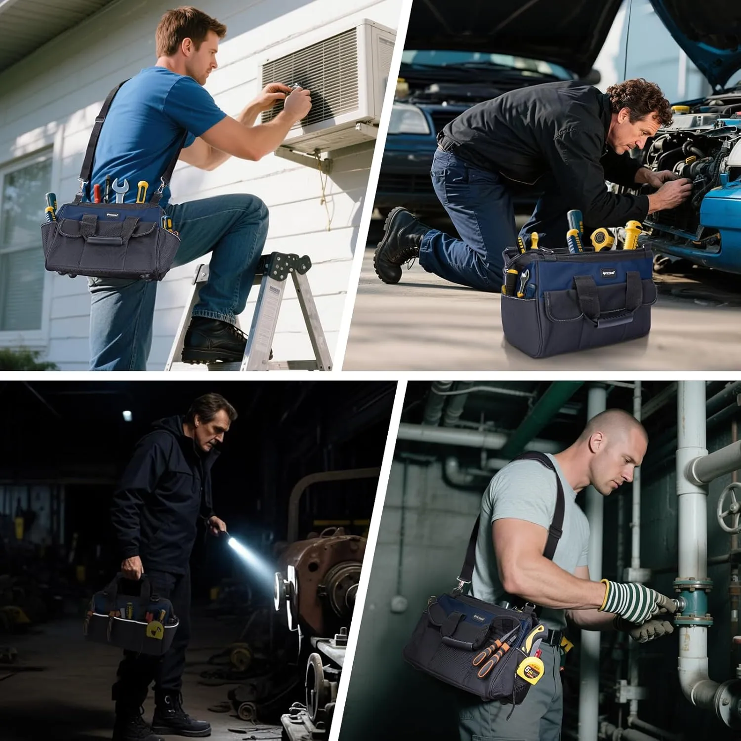 TICONN Heavy Duty Tool Bag with Multi-Pockets, Portable Tool Box Organizer Storage Bag, with Adjustable Shoulder Strap and Ergonomic Handle (Blue, 14" Standard Base)
