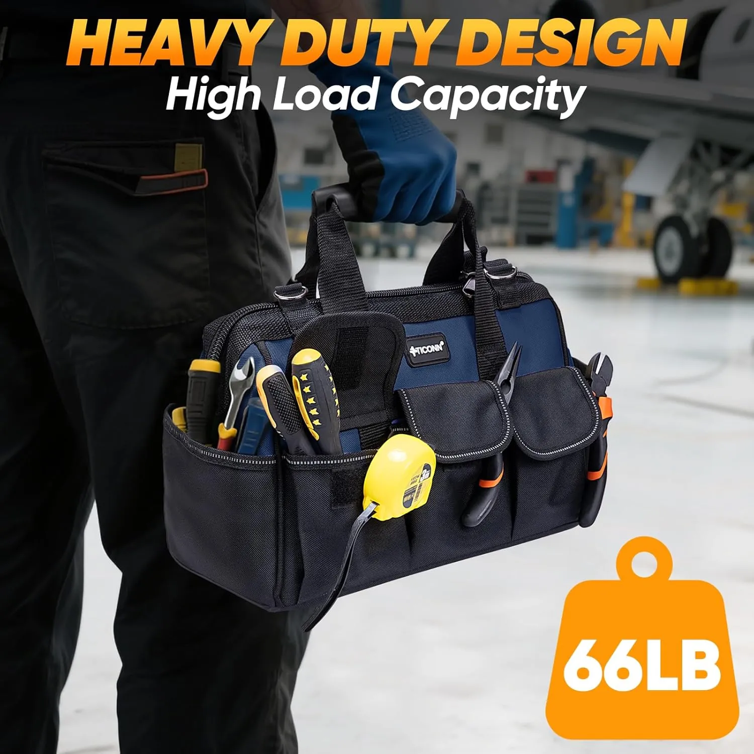 TICONN Heavy Duty Tool Bag with Multi-Pockets, Portable Tool Box Organizer Storage Bag, with Adjustable Shoulder Strap and Ergonomic Handle (Blue, 14" Standard Base)