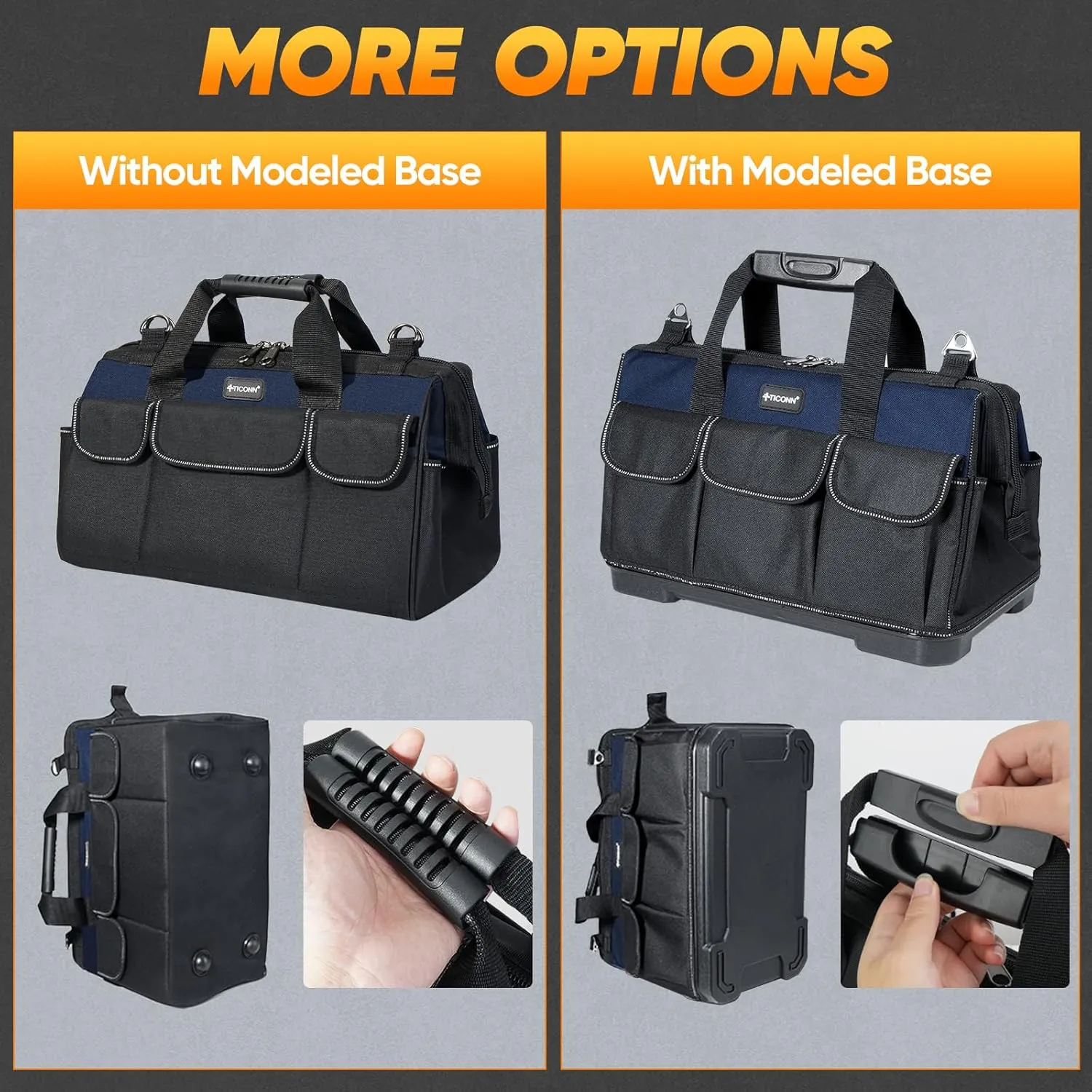 TICONN Heavy Duty Tool Bag with Multi-Pockets, Portable Tool Box Organizer Storage Bag, with Adjustable Shoulder Strap and Ergonomic Handle (Blue, 14" Standard Base)