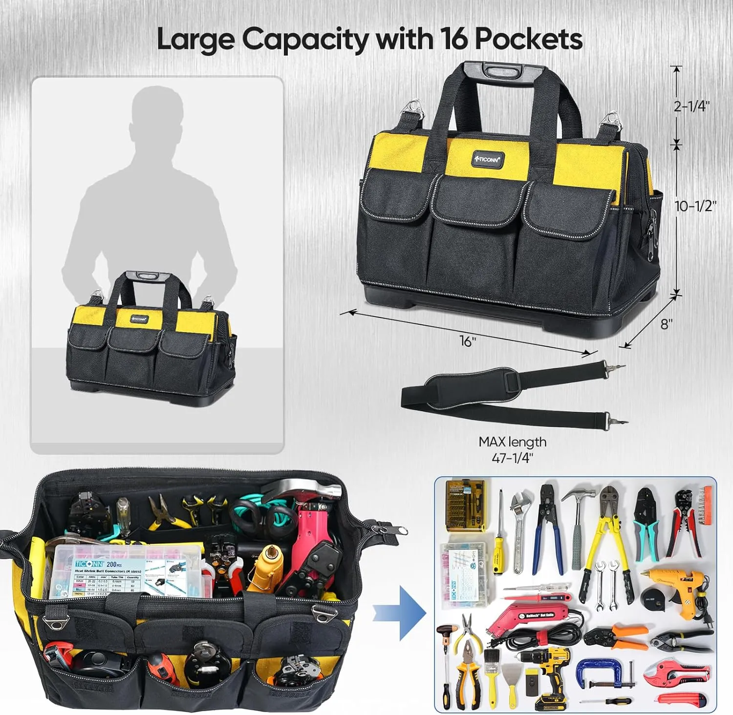 TICONN Heavy Duty Tool Bag with Multi-Pockets, Portable Tool Box Organizer Storage Bag, with Adjustable Shoulder Strap and Ergonomic Handle (Yellow, 16" Molded Base)