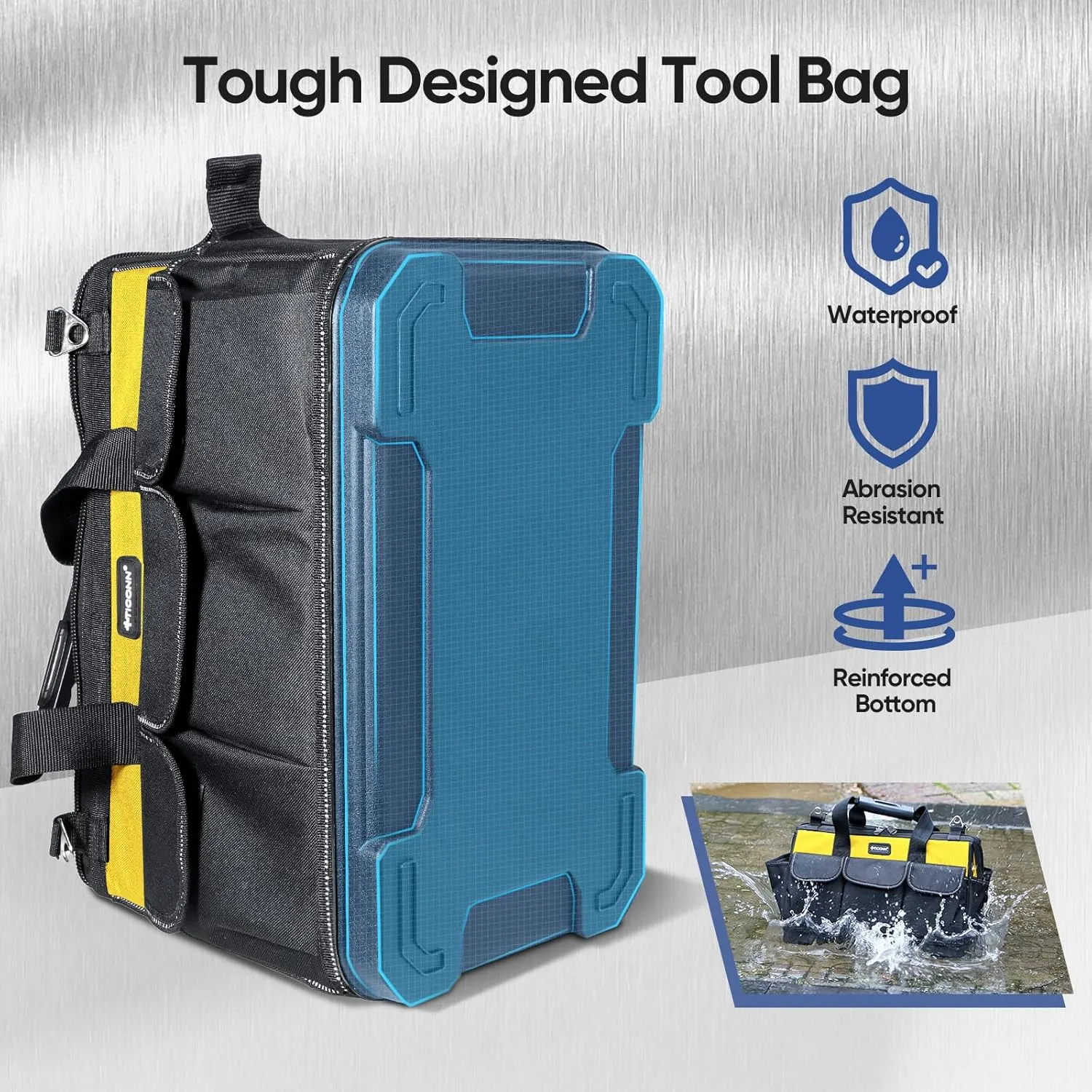 TICONN Heavy Duty Tool Bag with Multi-Pockets, Portable Tool Box Organizer Storage Bag, with Adjustable Shoulder Strap and Ergonomic Handle (Yellow, 16" Molded Base)
