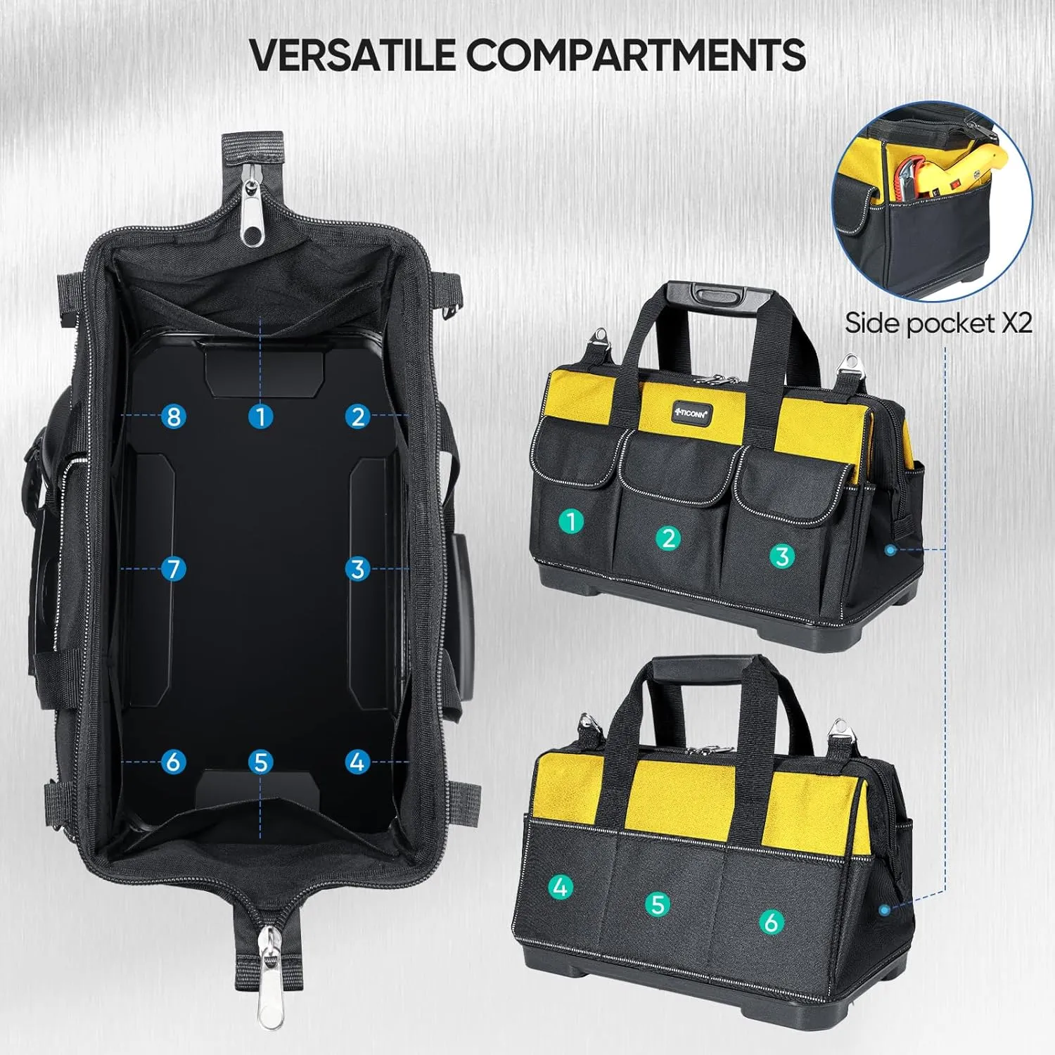 TICONN Heavy Duty Tool Bag with Multi-Pockets, Portable Tool Box Organizer Storage Bag, with Adjustable Shoulder Strap and Ergonomic Handle (Yellow, 16" Molded Base)
