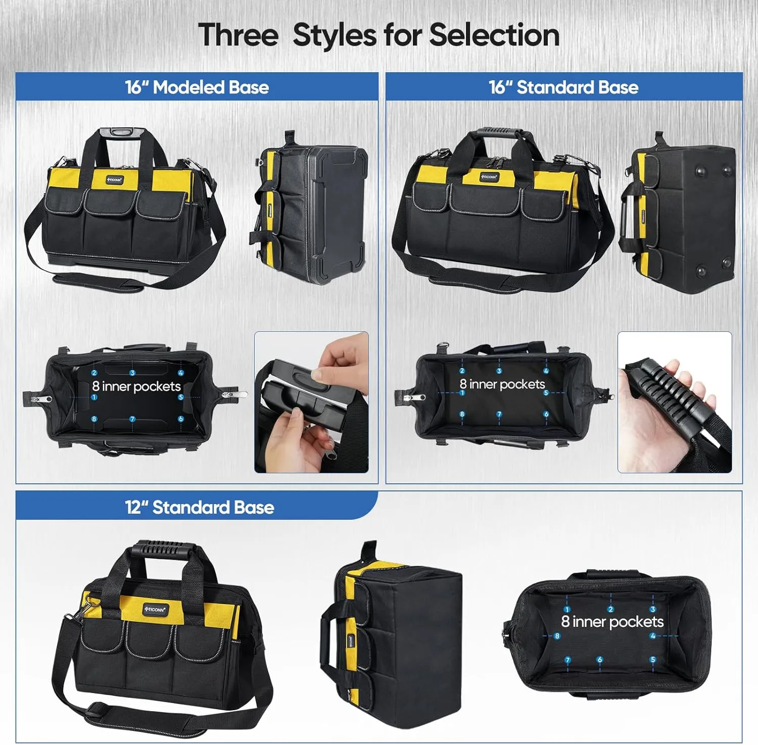TICONN Heavy Duty Tool Bag with Multi-Pockets, Portable Tool Box Organizer Storage Bag, with Adjustable Shoulder Strap and Ergonomic Handle (Yellow, 16" Molded Base)