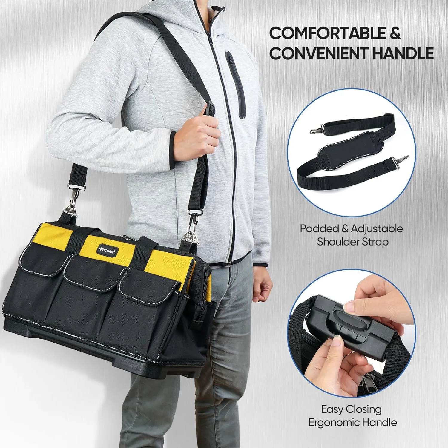TICONN Heavy Duty Tool Bag with Multi-Pockets, Portable Tool Box Organizer Storage Bag, with Adjustable Shoulder Strap and Ergonomic Handle (Yellow, 16" Molded Base)