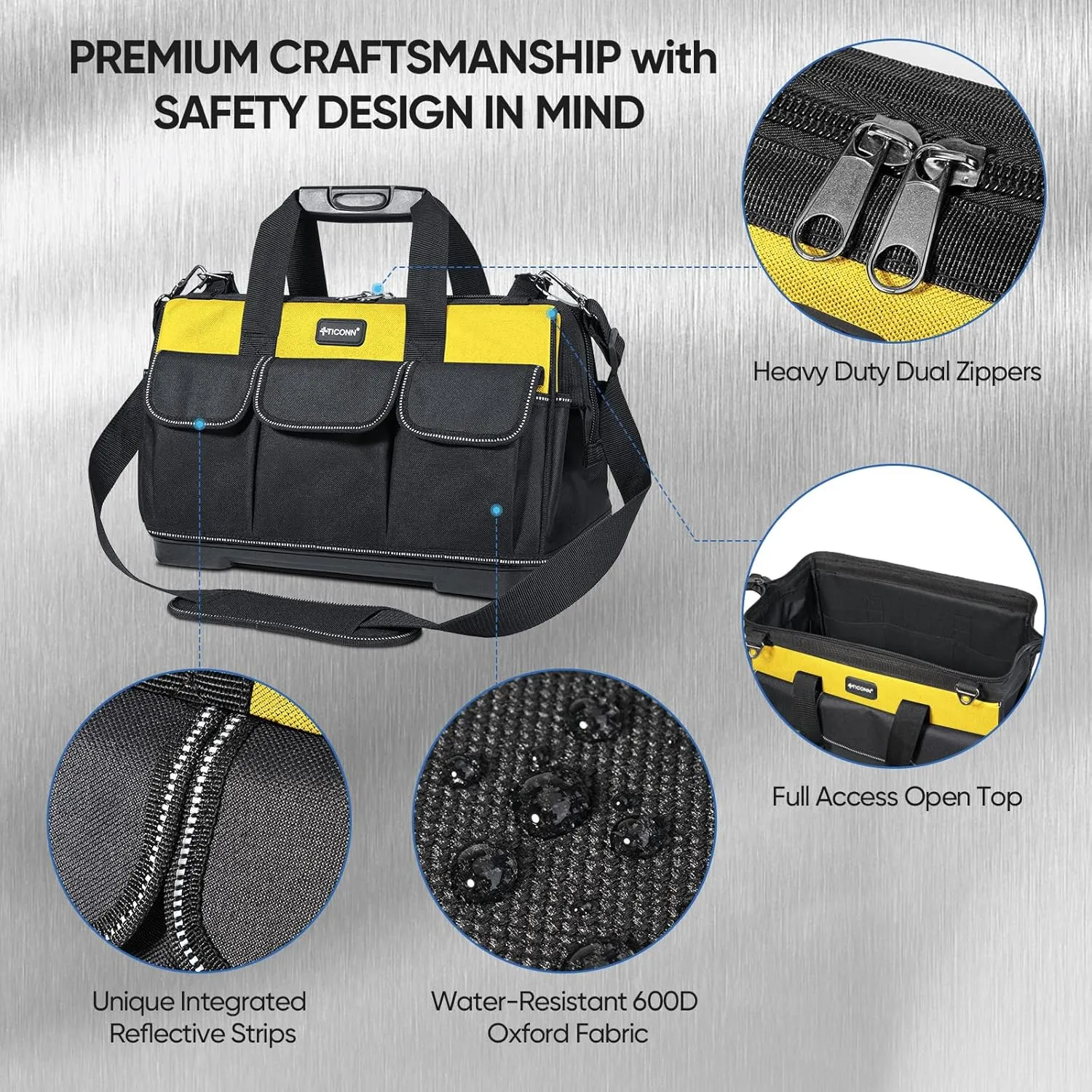 TICONN Heavy Duty Tool Bag with Multi-Pockets, Portable Tool Box Organizer Storage Bag, with Adjustable Shoulder Strap and Ergonomic Handle (Yellow, 16" Molded Base)