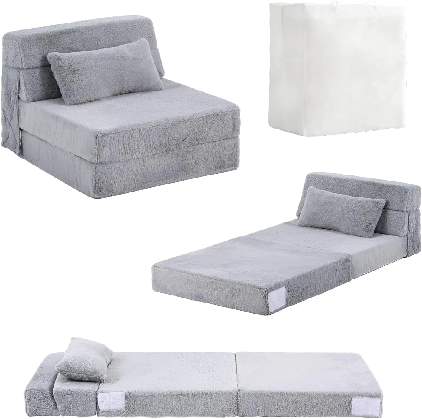 Tiita Folding Sofa Bed for Kids, Quad-Fold Mattress with Pillow, Soft Plush Couch, Portable Storage Bag, Convertible Lounger, for Playroom, Living Room, Guest Room, White Grey