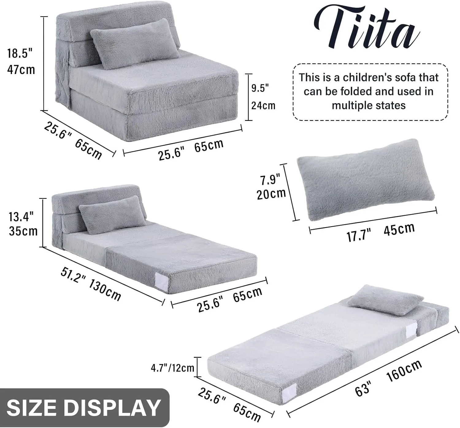 Tiita Folding Sofa Bed for Kids, Quad-Fold Mattress with Pillow, Soft Plush Couch, Portable Storage Bag, Convertible Lounger, for Playroom, Living Room, Guest Room, White Grey
