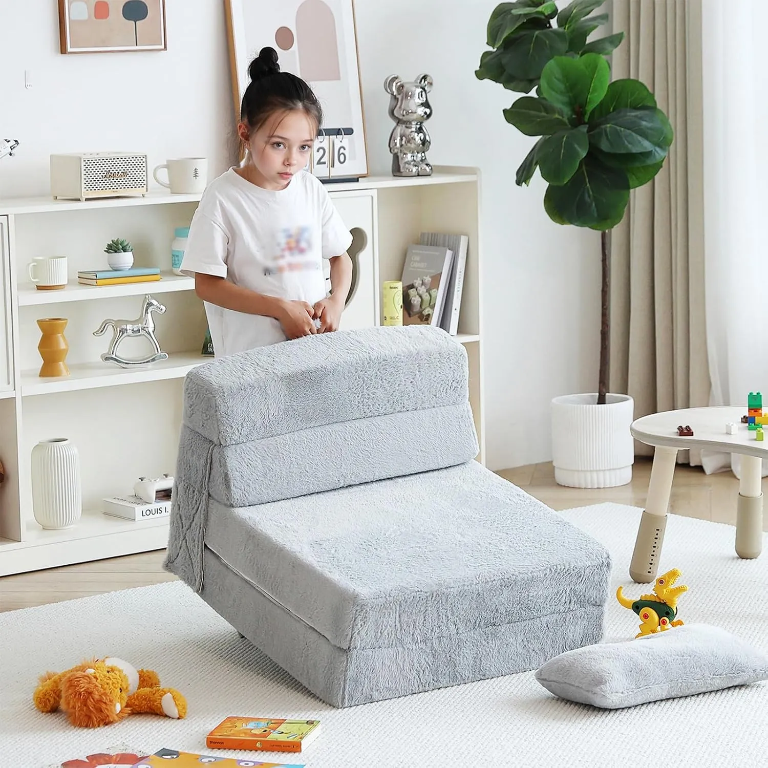 Tiita Folding Sofa Bed for Kids, Quad-Fold Mattress with Pillow, Soft Plush Couch, Portable Storage Bag, Convertible Lounger, for Playroom, Living Room, Guest Room, White Grey