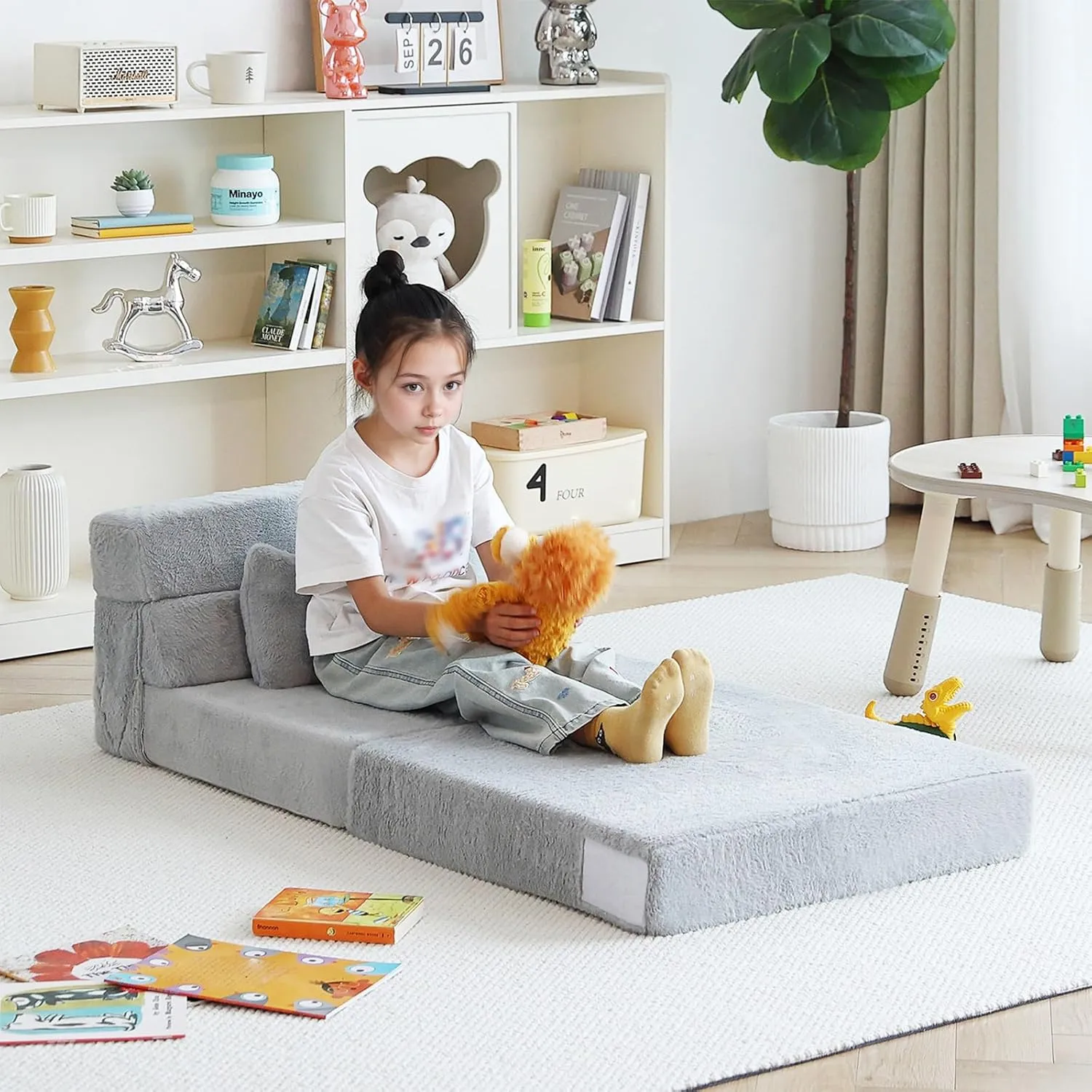 Tiita Folding Sofa Bed for Kids, Quad-Fold Mattress with Pillow, Soft Plush Couch, Portable Storage Bag, Convertible Lounger, for Playroom, Living Room, Guest Room, White Grey