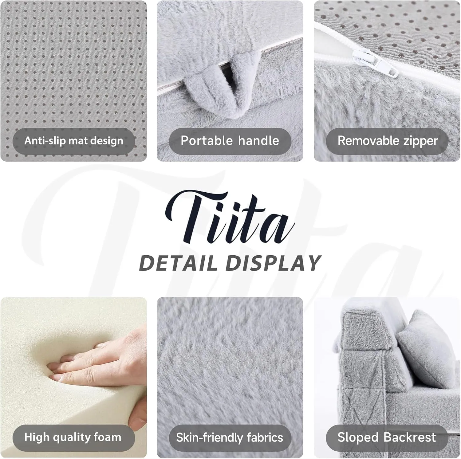 Tiita Folding Sofa Bed for Kids, Quad-Fold Mattress with Pillow, Soft Plush Couch, Portable Storage Bag, Convertible Lounger, for Playroom, Living Room, Guest Room, White Grey