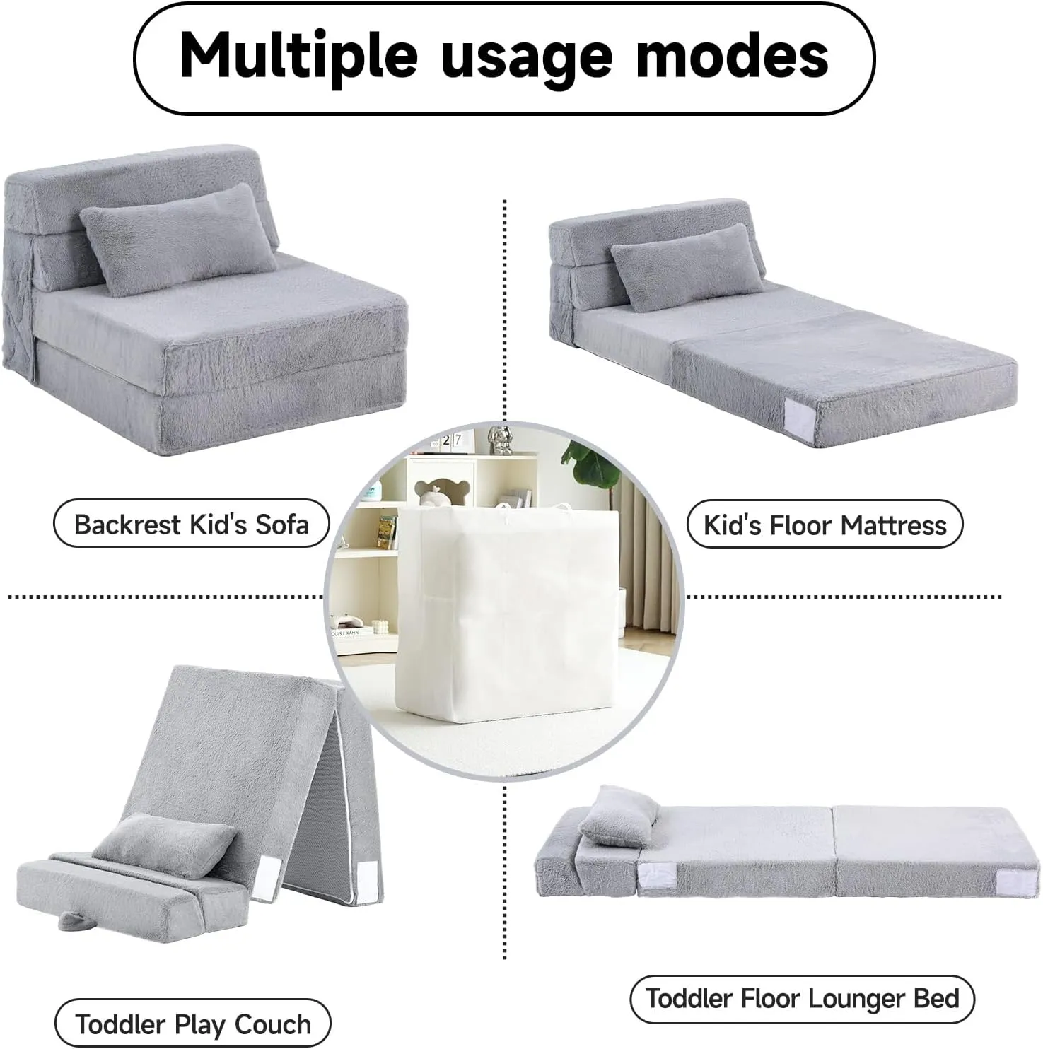 Tiita Folding Sofa Bed for Kids, Quad-Fold Mattress with Pillow, Soft Plush Couch, Portable Storage Bag, Convertible Lounger, for Playroom, Living Room, Guest Room, White Grey
