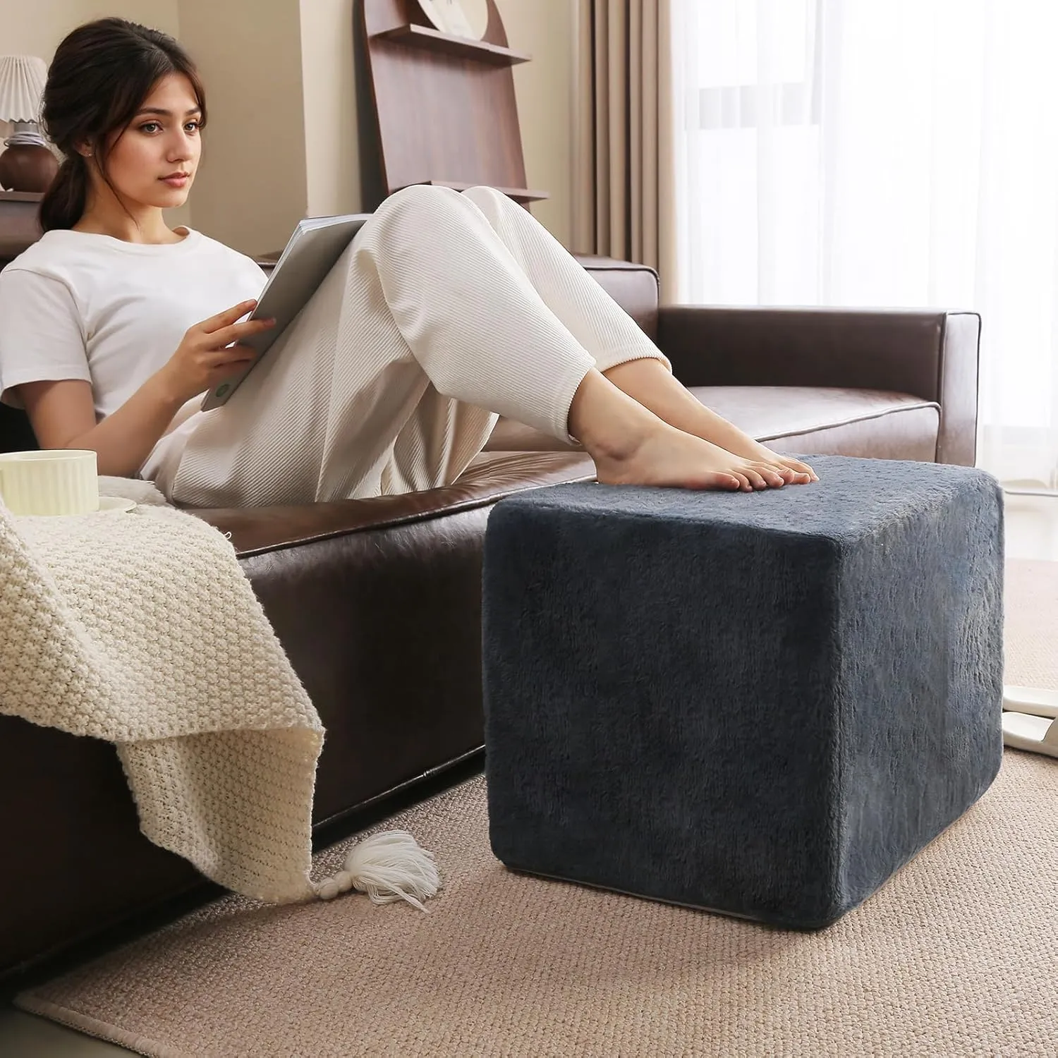 Tiita Stuffed Pouf Ottoman, Square Foot Stool Fluffy Floor Poufs Chair for Living Room Bedroom, Filled Boho Foot Rest for Couch, Blue-Grey