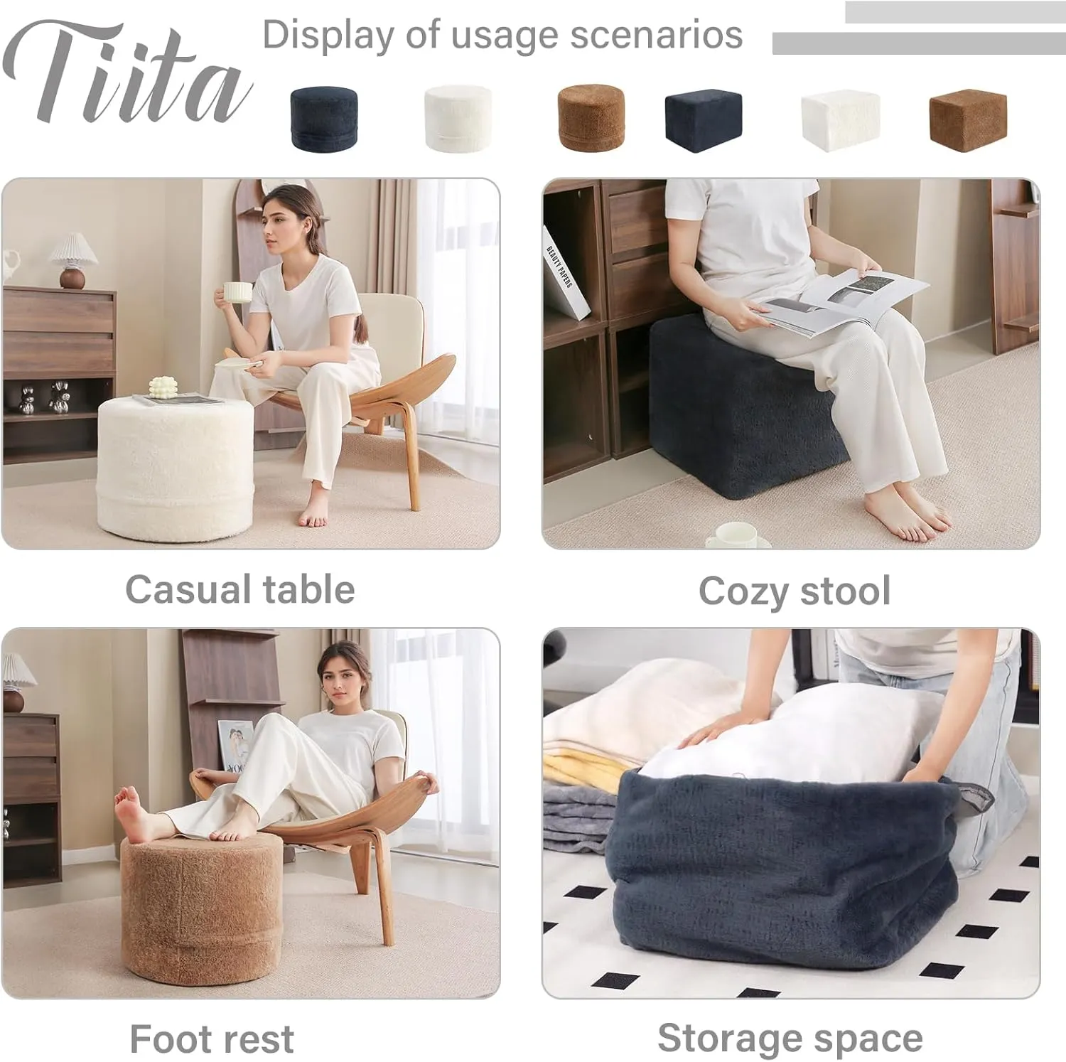 Tiita Stuffed Pouf Ottoman, Square Foot Stool Fluffy Floor Poufs Chair for Living Room Bedroom, Filled Boho Foot Rest for Couch, Blue-Grey