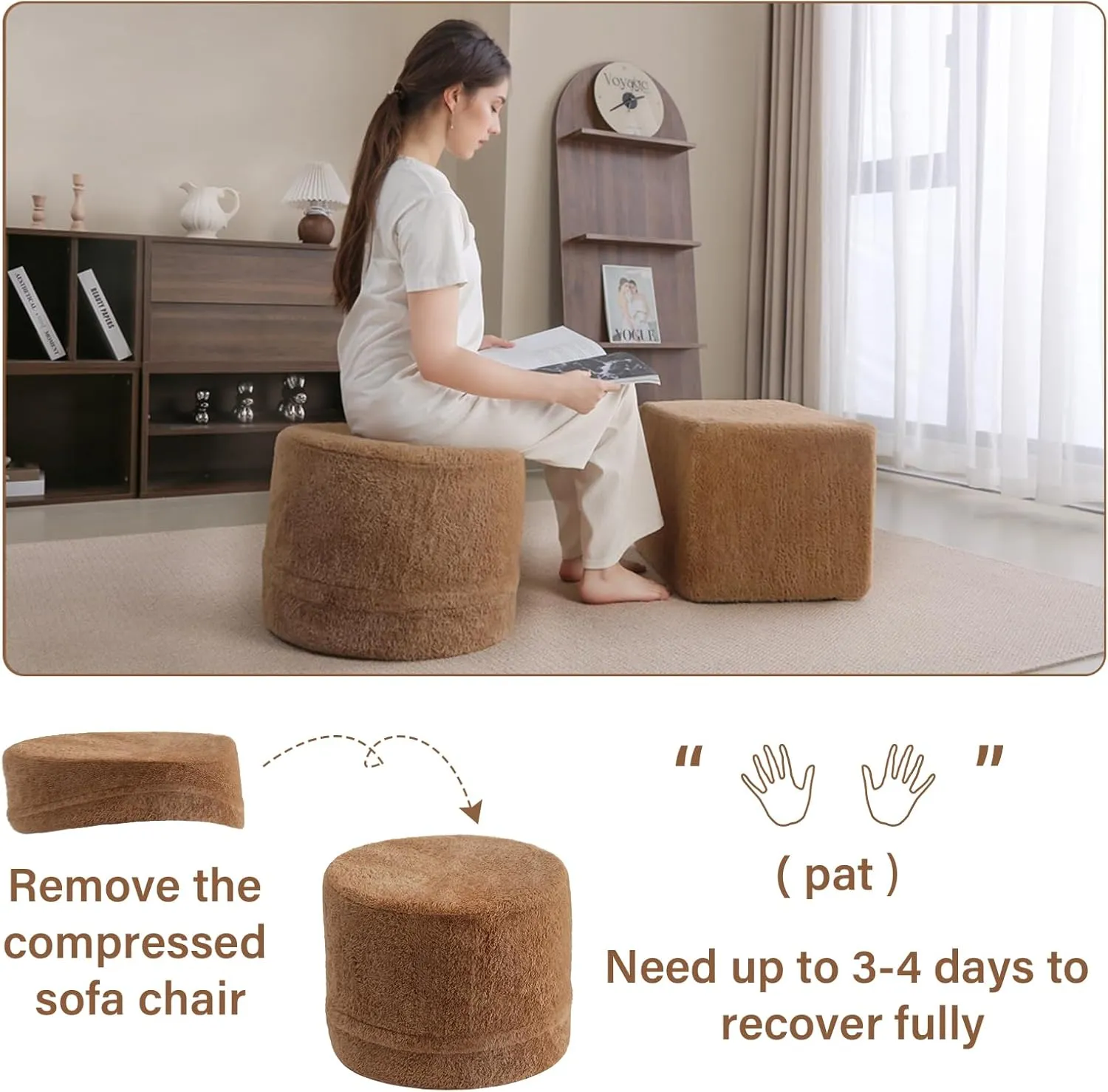 Tiita Stuffed Pouf Ottoman, Square Foot Stool Fluffy Floor Poufs Chair for Living Room Bedroom, Filled Boho Foot Rest for Couch, Blue-Grey