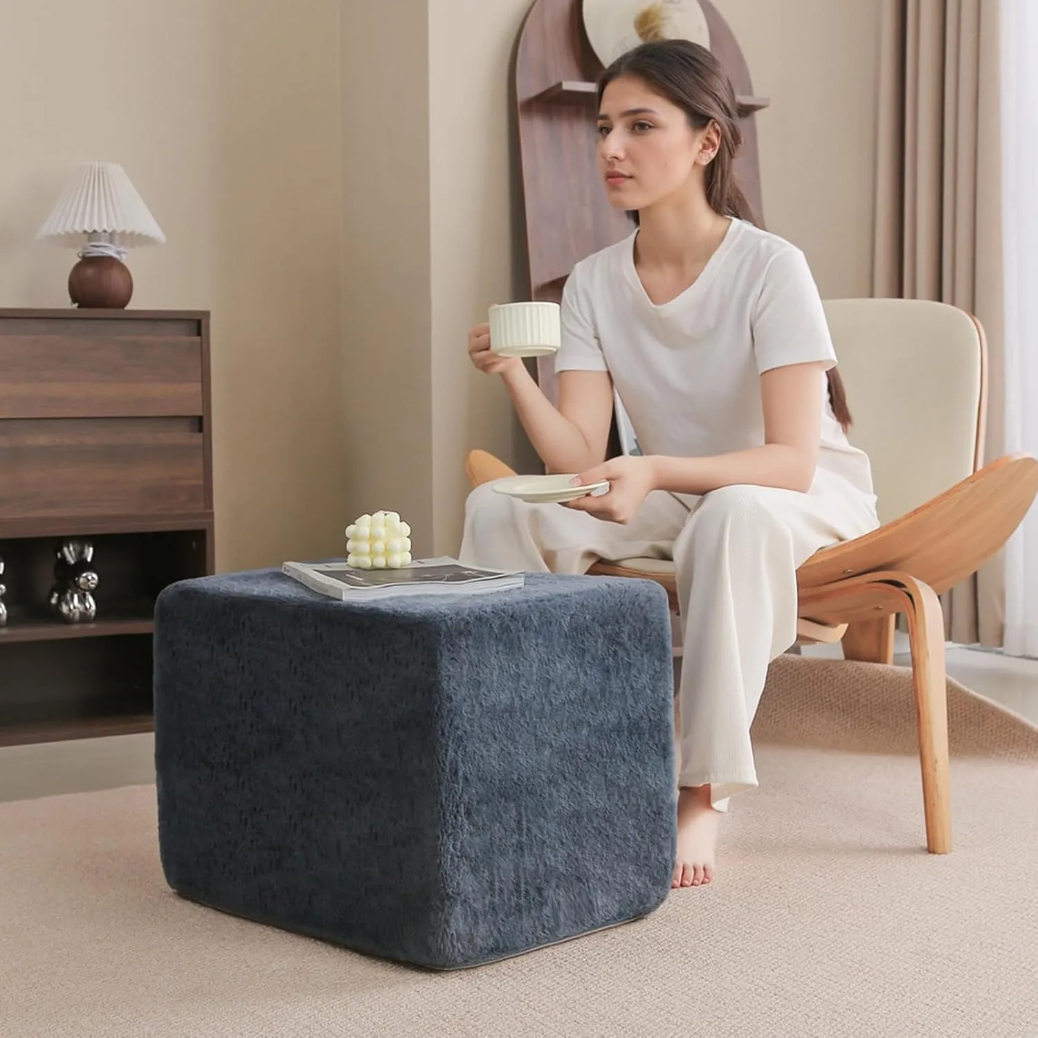 Tiita Stuffed Pouf Ottoman, Square Foot Stool Fluffy Floor Poufs Chair for Living Room Bedroom, Filled Boho Foot Rest for Couch, Blue-Grey