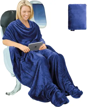 Tirrinia Travel Portable Blanket with Feet Airplane Office Poncho 4 in 1 Zippered Front Pocket Premium Cozy Fleece Blankets with Built-in Bag