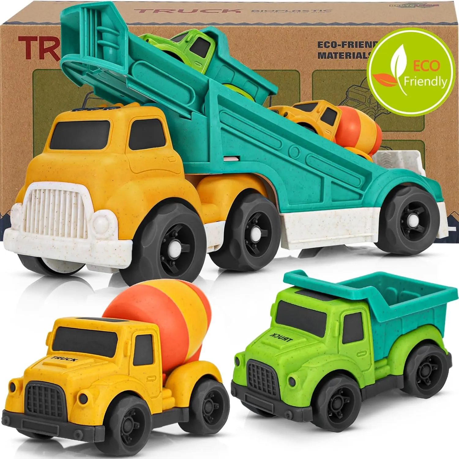 Toddler Trucks Toys 2-3, PVC, BPA Free Toy Cars for Toddlers 2-4 with Dump Truck, Mixer Cement, Construction Vehicle Toys Set for Kids Outdoor Play, Christmas Birthday Gifts for 2 3 4 5 Year Old Boys