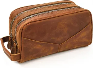 Toiletry Bag for Men Women,Full Grain Leather Handcrafted Vintage Travel Dopp Kit,Leather Toiletry Travel Pouch,Large Cosmetic Shaving Bag，Fully Lined with Cotton Fabric VintageBrown