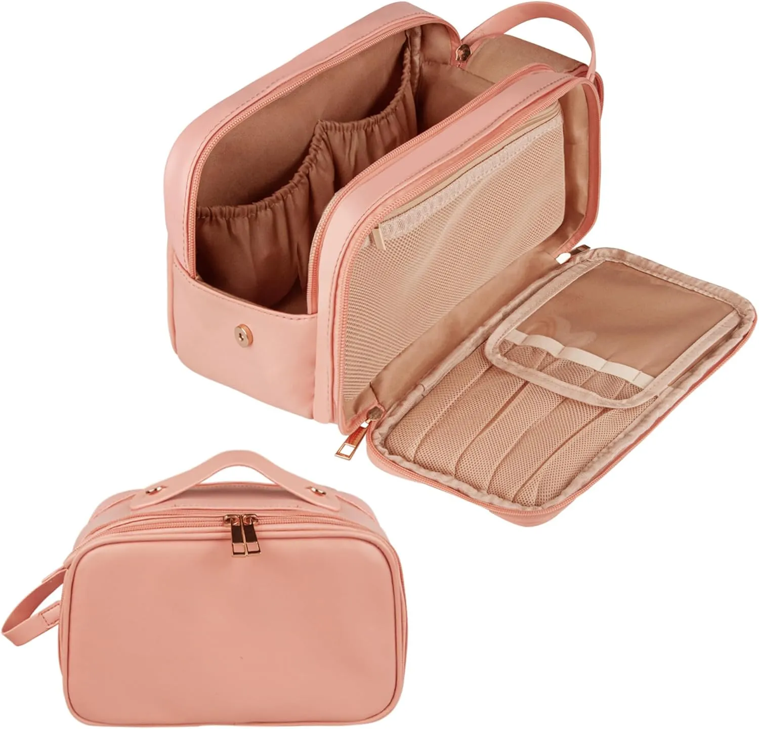 Toiletry Bag, PU Leather Travel Toiletry Organizer, Double Zipper Large Opening Travel Cosmetic Bag, Portable Large Capacity Travel Makeup Bag for Women (Pink)
