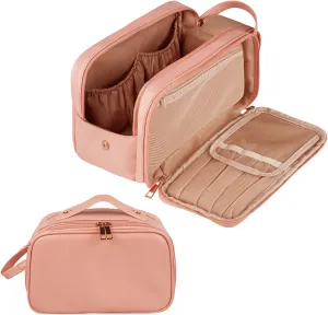 Toiletry Bag, PU Leather Travel Toiletry Organizer, Double Zipper Large Opening Travel Cosmetic Bag, Portable Large Capacity Travel Makeup Bag for Women (Pink)