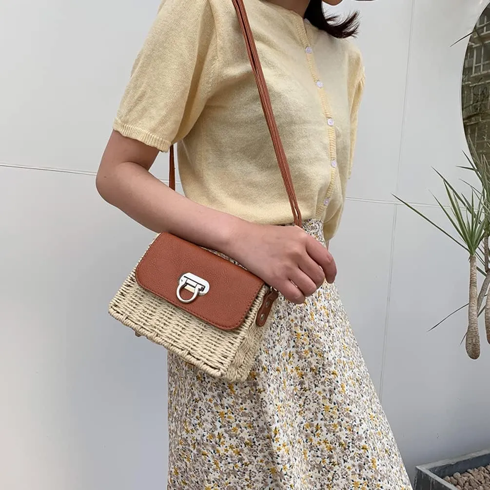 TONWHAR Womens Handmade Woven Shoulder Bag, Chic Straw Crossbody Bag/Purse for Beach Summer Holiday