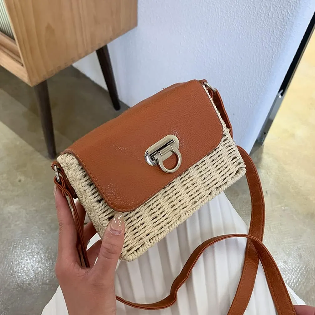 TONWHAR Womens Handmade Woven Shoulder Bag, Chic Straw Crossbody Bag/Purse for Beach Summer Holiday
