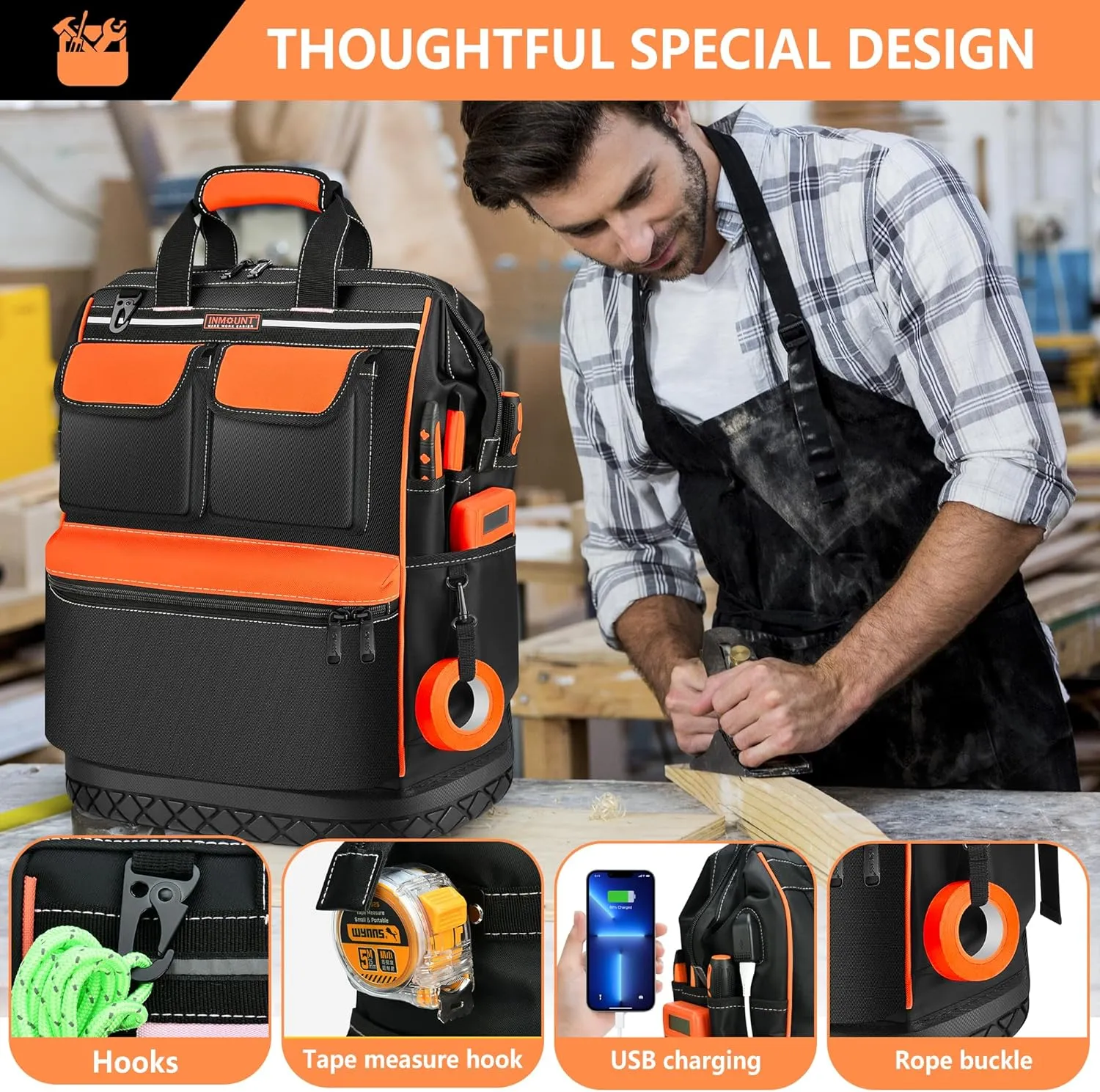Tool Backpack Bag Heavy Duty, Wide Mouth Electrician Backpack for Men, Durable HVAC Tool Bags for Construction Engineer, Waterproof Tools Bag Organizer with Combination Lock, Orange