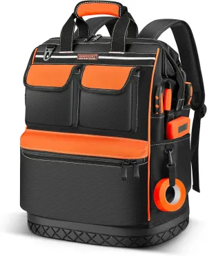 Tool Backpack Bag Heavy Duty, Wide Mouth Electrician Backpack for Men, Durable HVAC Tool Bags for Construction Engineer, Waterproof Tools Bag Organizer with Combination Lock, Orange