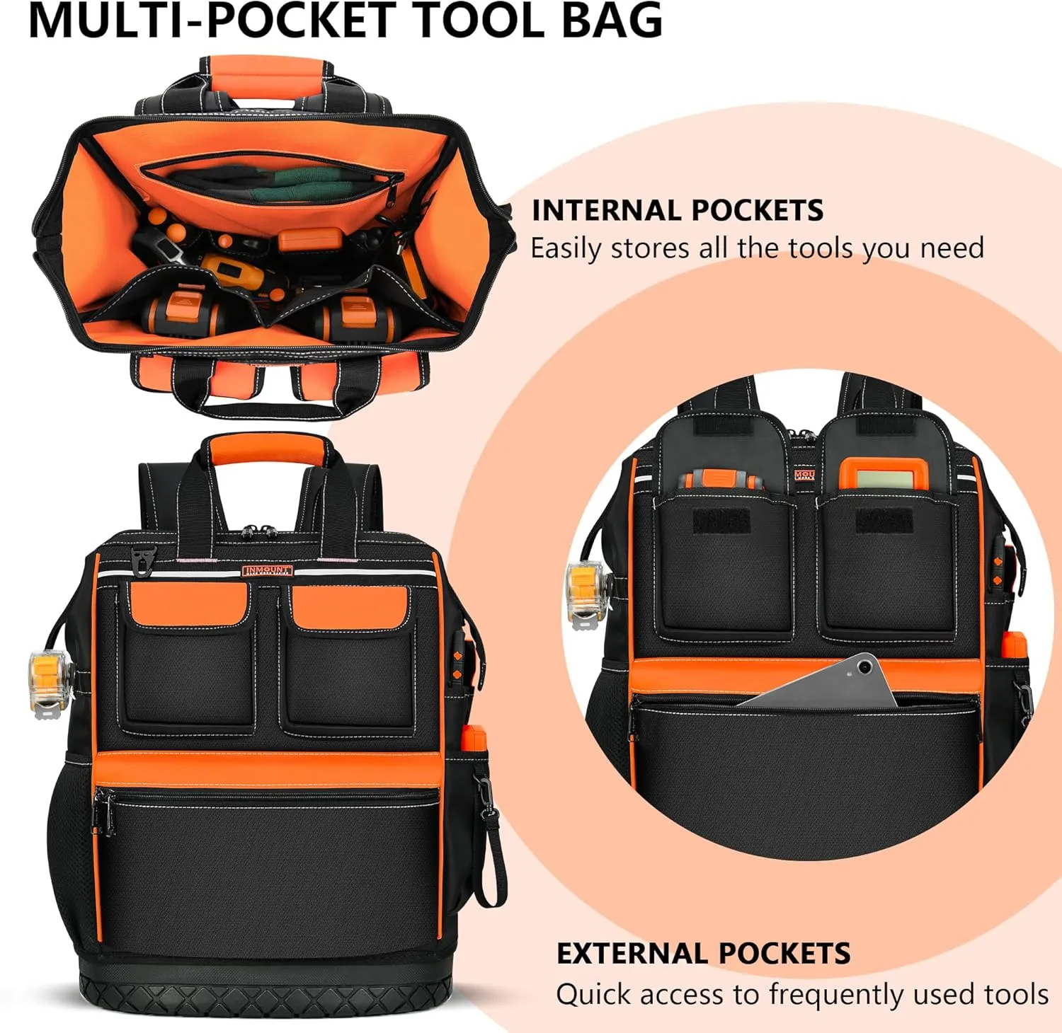 Tool Backpack Bag Heavy Duty, Wide Mouth Electrician Backpack for Men, Durable HVAC Tool Bags for Construction Engineer, Waterproof Tools Bag Organizer with Combination Lock, Orange