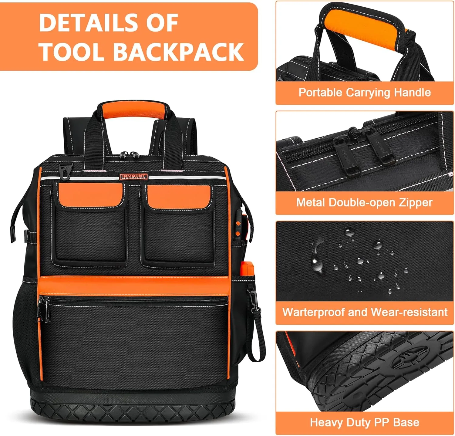 Tool Backpack Bag Heavy Duty, Wide Mouth Electrician Backpack for Men, Durable HVAC Tool Bags for Construction Engineer, Waterproof Tools Bag Organizer with Combination Lock, Orange