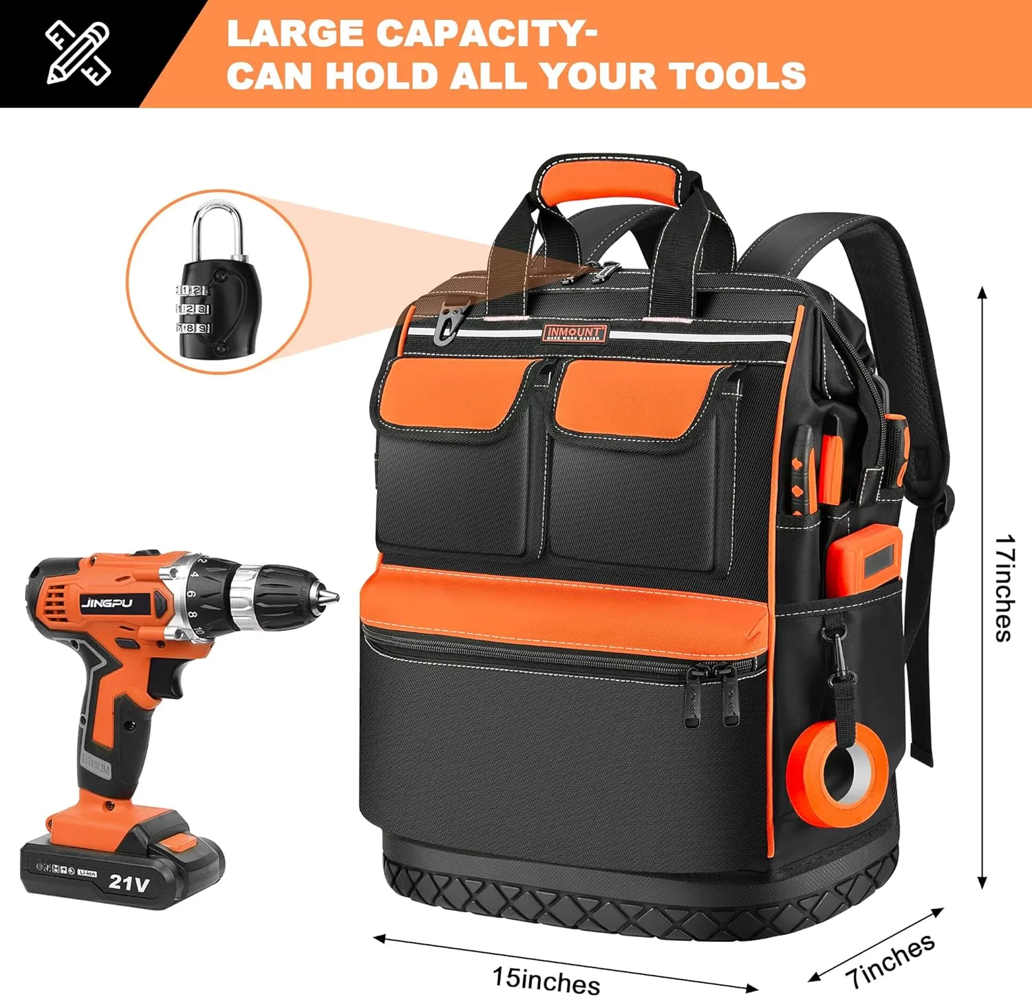 Tool Backpack Bag Heavy Duty, Wide Mouth Electrician Backpack for Men, Durable HVAC Tool Bags for Construction Engineer, Waterproof Tools Bag Organizer with Combination Lock, Orange