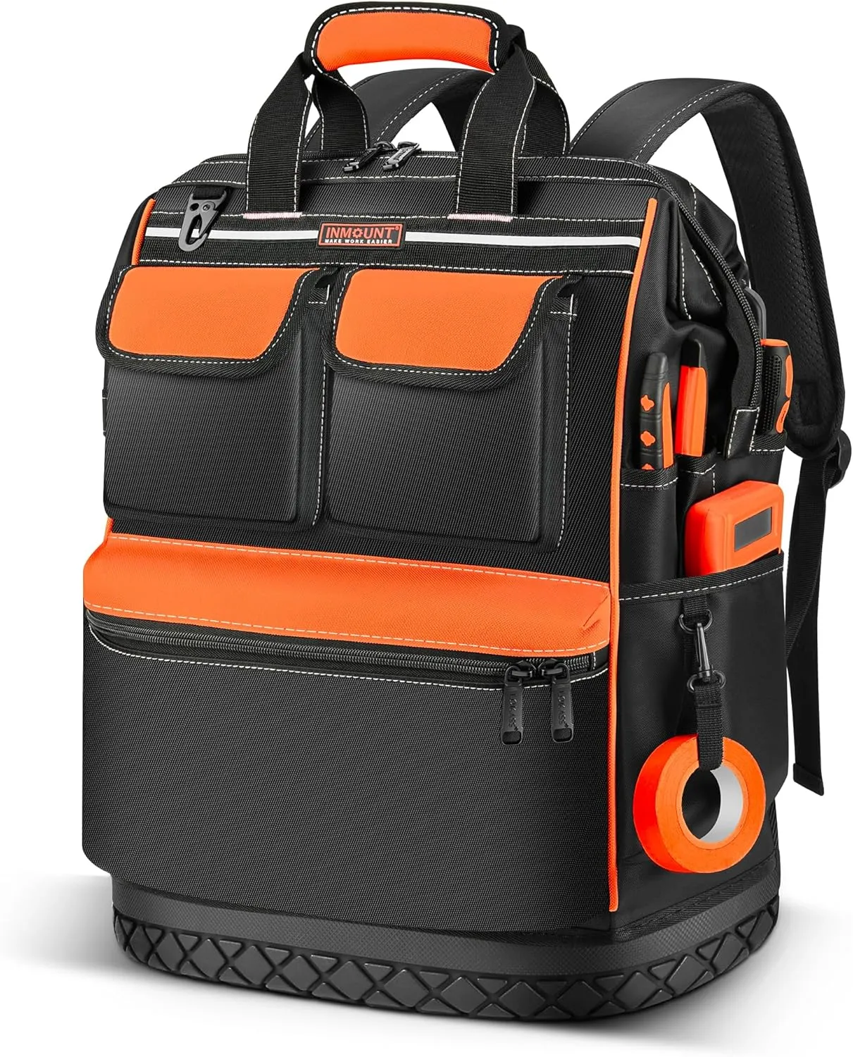 Tool Backpack Bag Heavy Duty, Wide Mouth Electrician Backpack for Men, Durable HVAC Tool Bags for Construction Engineer, Waterproof Tools Bag Organizer with Combination Lock, Orange
