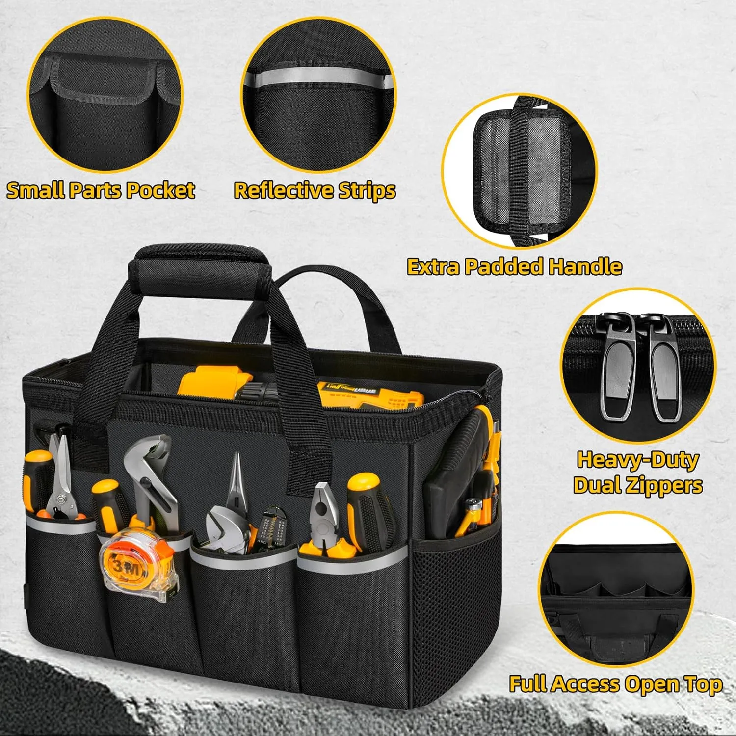 Tool Bag, Portable Tool Box Organizer Adjustable Shoulder Strap, Carry Tool Tote Heavy Duty Tool Storage Bag With Wide Mouth Double Zipper,Tool Bags for Men Mechanic Engineer Gift - L, Black