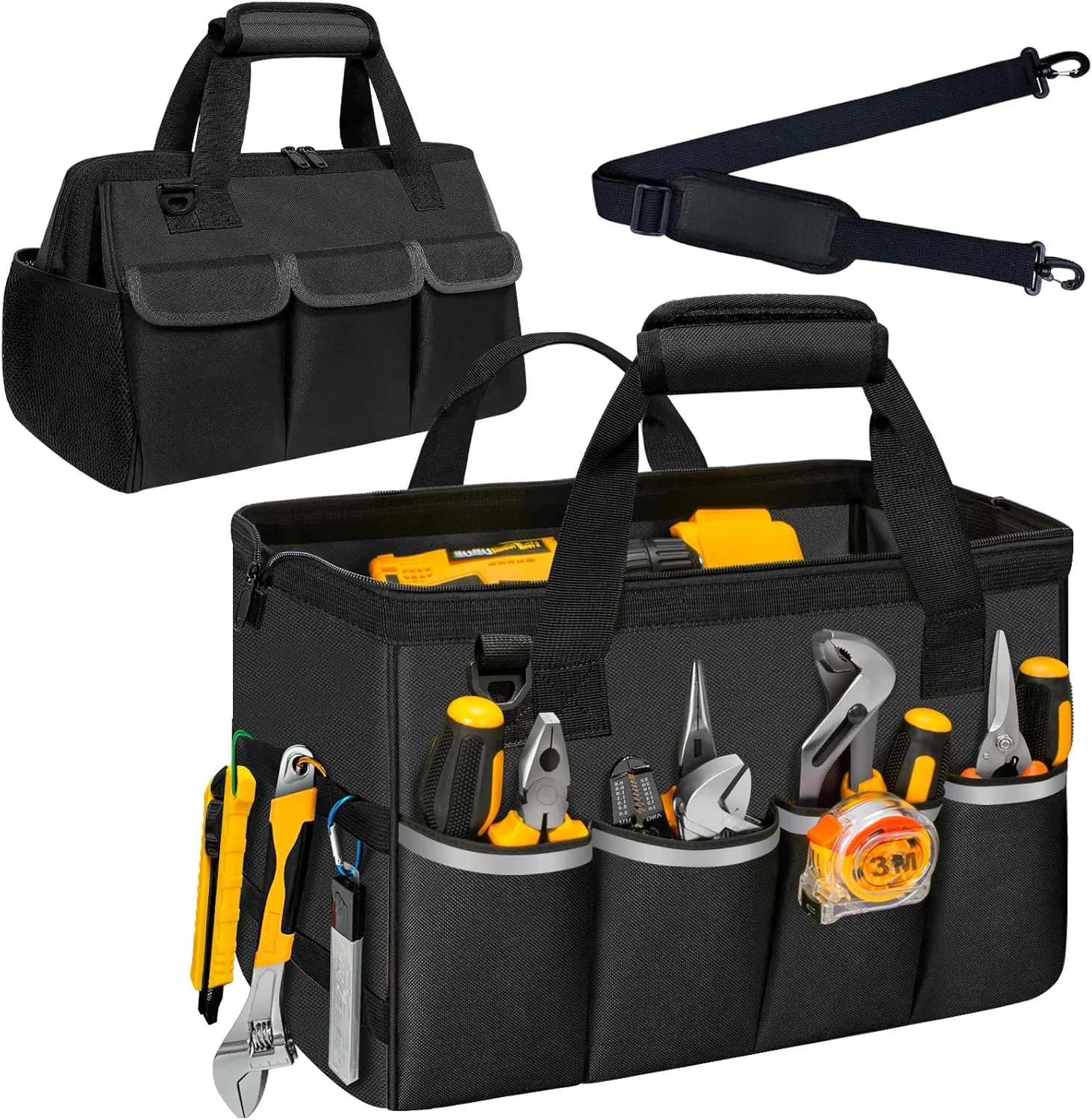 Tool Bag, Portable Tool Box Organizer Adjustable Shoulder Strap, Carry Tool Tote Heavy Duty Tool Storage Bag With Wide Mouth Double Zipper,Tool Bags for Men Mechanic Engineer Gift - L, Black