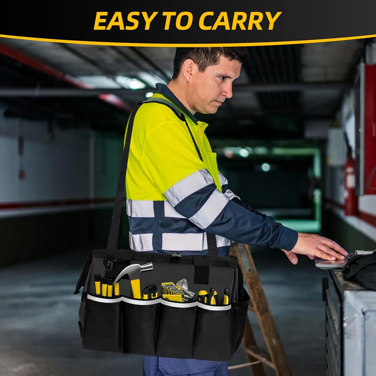 Tool Bag, Portable Tool Box Organizer Adjustable Shoulder Strap, Carry Tool Tote Heavy Duty Tool Storage Bag With Wide Mouth Double Zipper,Tool Bags for Men Mechanic Engineer Gift - L, Black
