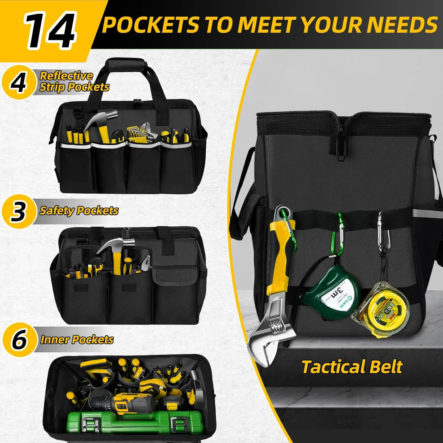 Tool Bag, Portable Tool Box Organizer Adjustable Shoulder Strap, Carry Tool Tote Heavy Duty Tool Storage Bag With Wide Mouth Double Zipper,Tool Bags for Men Mechanic Engineer Gift - L, Black