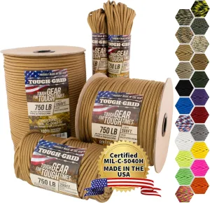 TOUGH-GRID Premium Paracord 750 lbs 150Ft Made in USA Outdoor Survival Nylon Rope Tactical Heavy Duty Strands Parachute Cord Used by US Military 1 Type III Mil-Spec